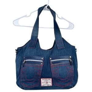True Religion-Denim Hobo Bag W/2 Front Zipper Pockets & Logo Patch
